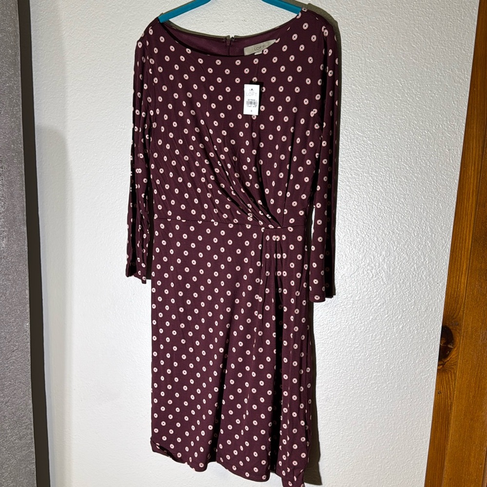 LOFT Maroon Midi Dress with Cream Polka Dots